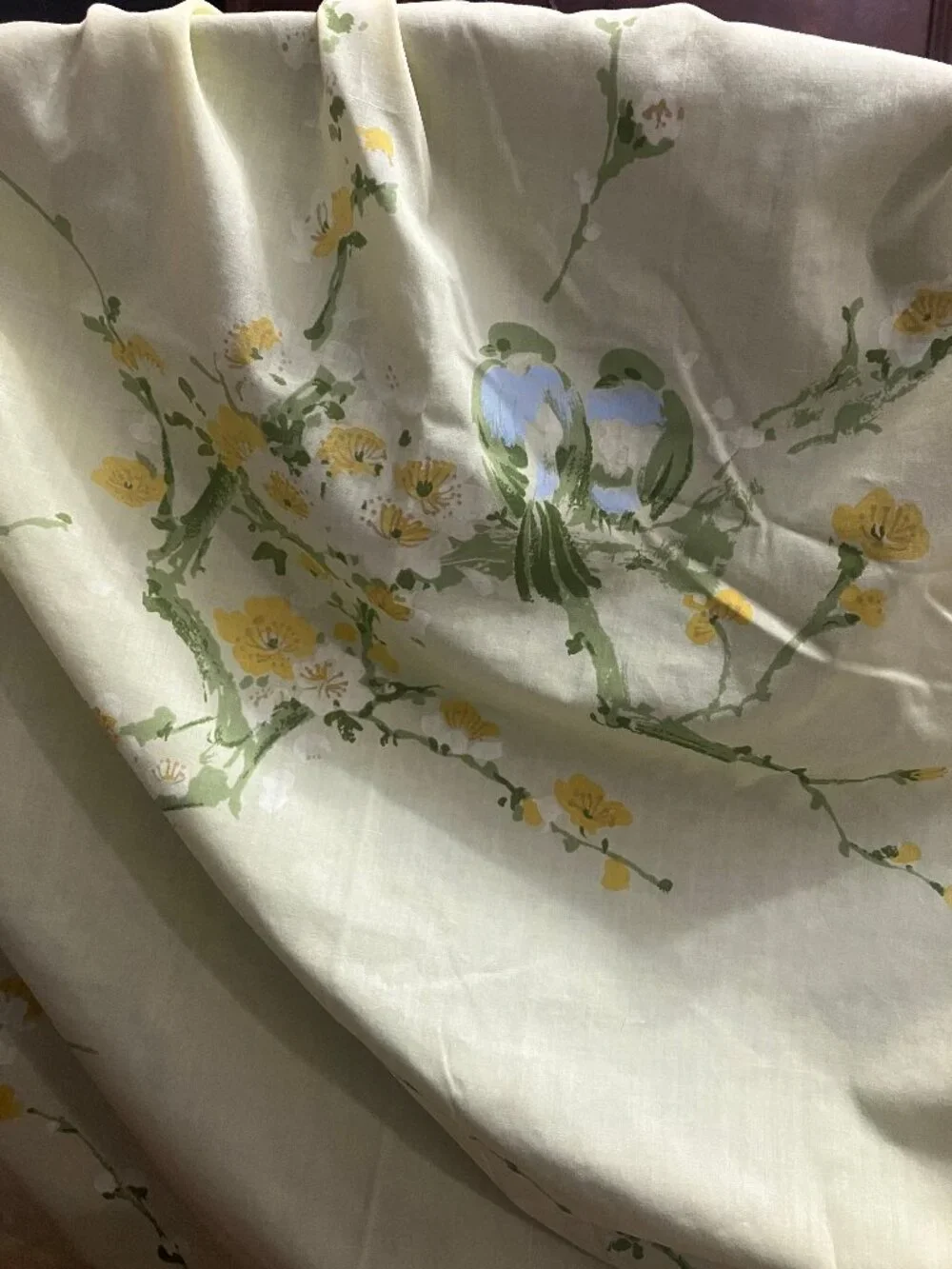 Vintage 1960s Springmaid Yellow Bird & Floral Print Bed Sheet for Double Bed
